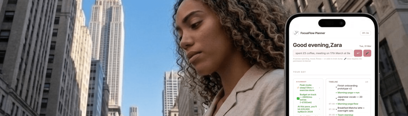 FocusFlow AI digital planner app showing budget goals meals and schedule in one place